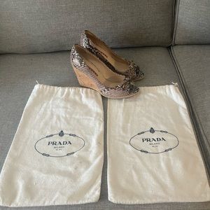 Prada Python Peep-Toe Wedges